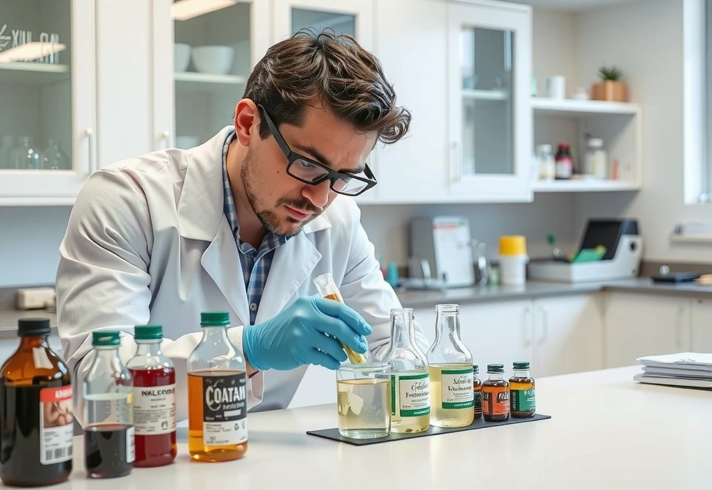 A chemist carefully mixing ingredients in a clean lab, surrounded by various bottles and scientific tools.