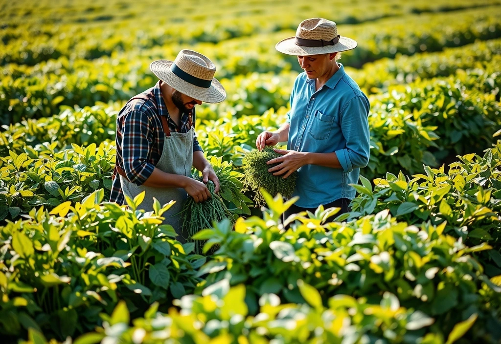 Farmers harvesting herbs in a lush, green field under natural sunlight.