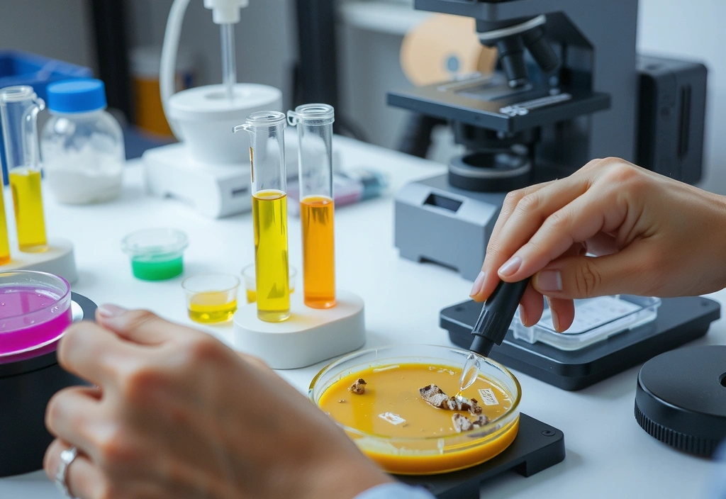 Hands performing various lab tests on samples, with microscopes and analytical equipment.