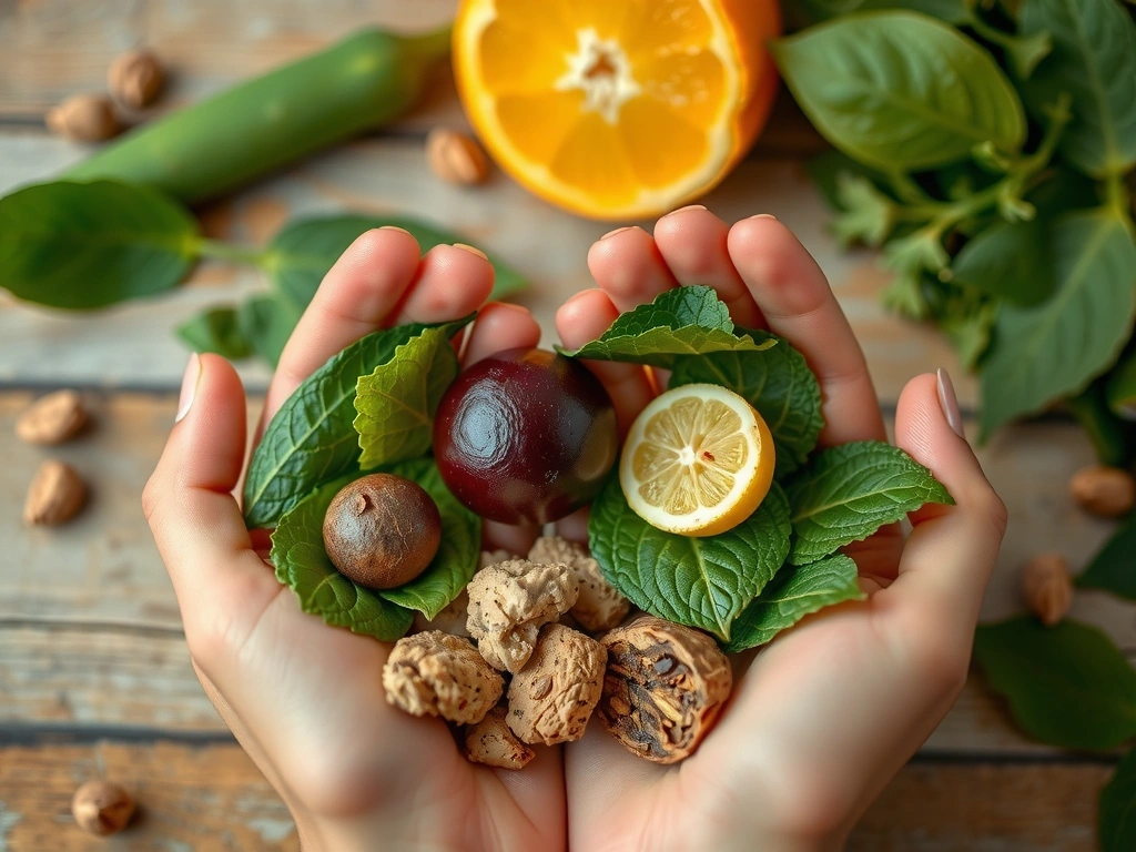Hands gently holding various natural herbs and botanical ingredients, symbolizing careful selection.