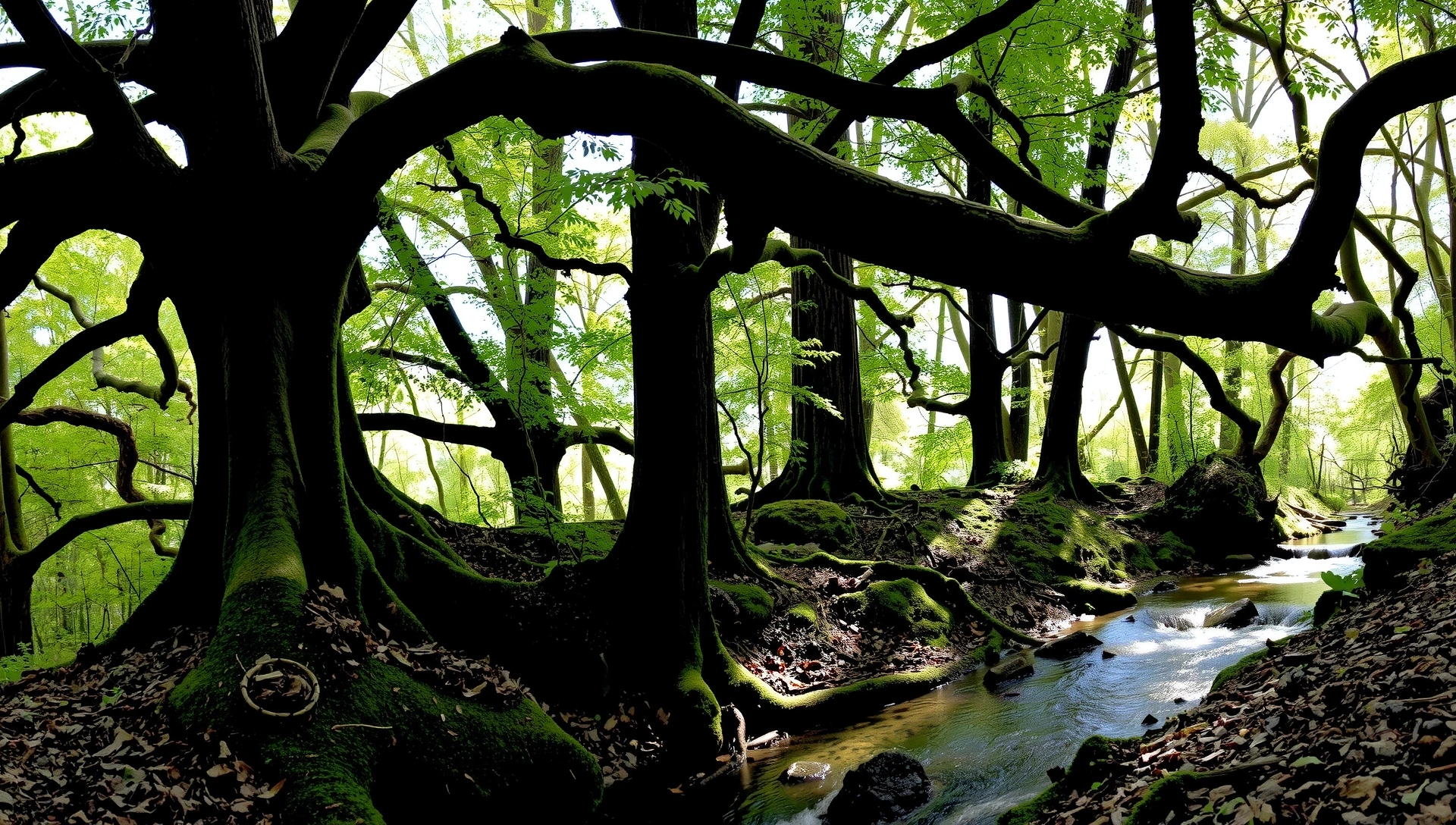 Lush natural scenery with a tranquil forest and clear stream, symbolizing natural balance