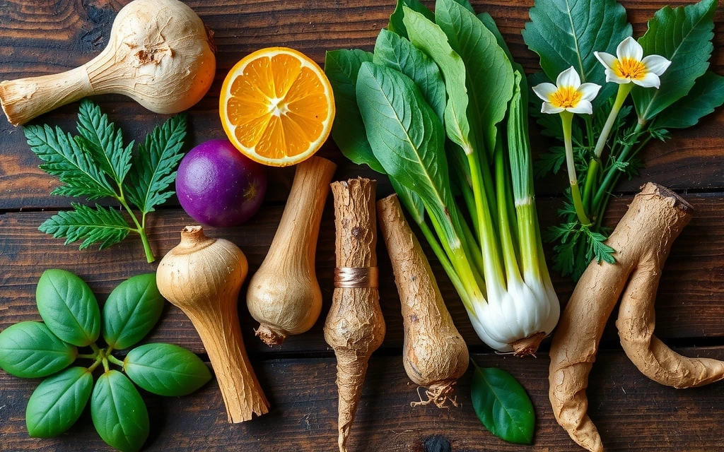 Vibrant adaptogenic herbs and roots on a rustic wooden surface, symbolizing men's vitality