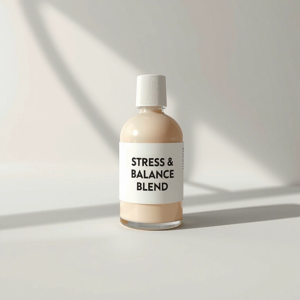 Calming bottle of 'Stress & Balance Blend' with a serene, balanced background
