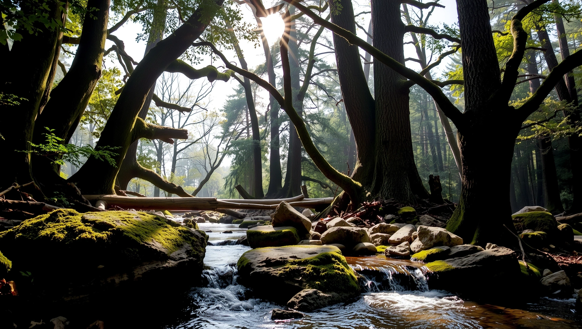 Lush green forest with ancient trees and a clear stream, symbolizing natural strength and vitality