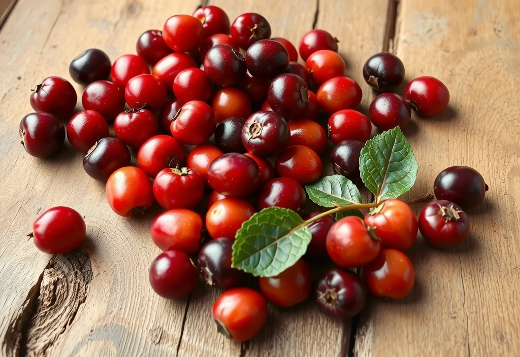 Bright red ripe cranberries scattered on a wooden surface.