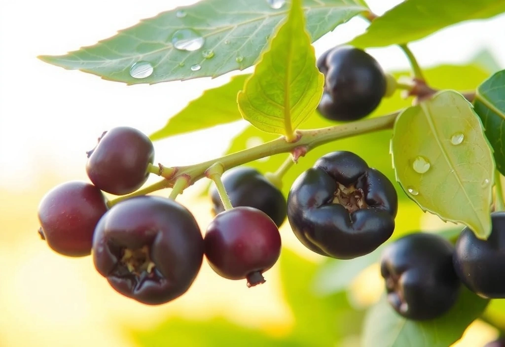 Freshly picked elderberries on a branch with green leaves, against a soft, natural background.