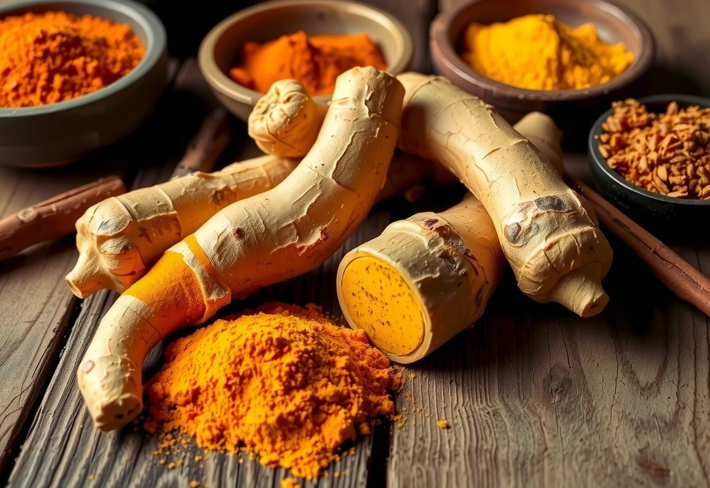 Golden turmeric roots and powder on a wooden surface, with vibrant Indian spices in the background.